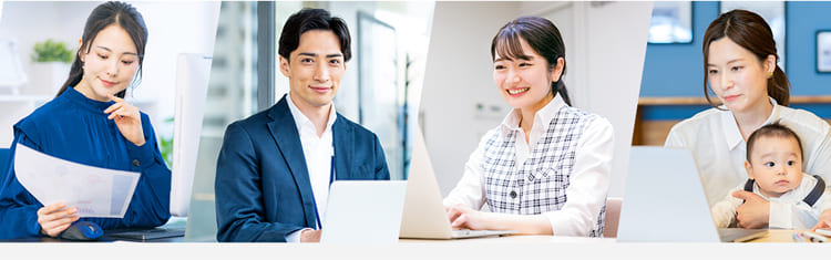 経理業務を行うビジネスパーソンたち。書類を確認する女性、パソコンを使って仕事をする男性と女性、赤ちゃんを抱えてパソコンを使っている母親。