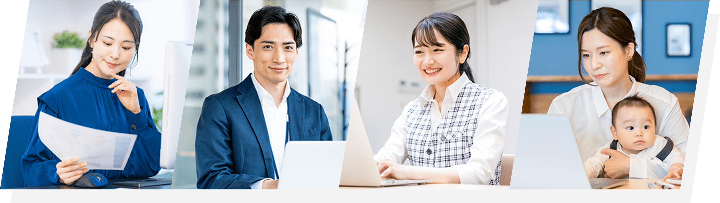 経理業務を行うビジネスパーソンたち。書類を確認する女性、パソコンを使って仕事をする男性と女性、赤ちゃんを抱えてパソコンを使っている母親。